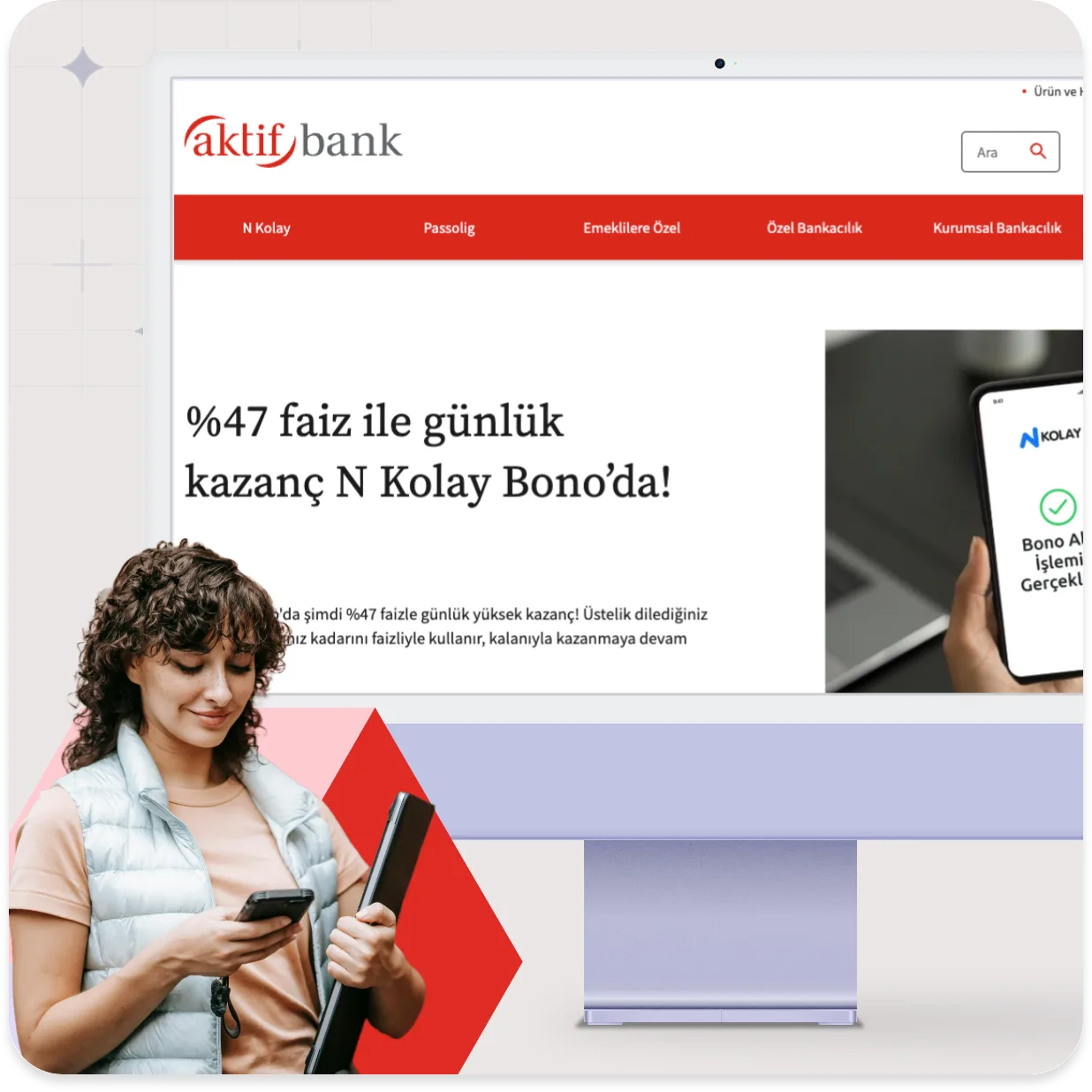 Aktif Bank's website on a desktop screen, beside a customer using her phone