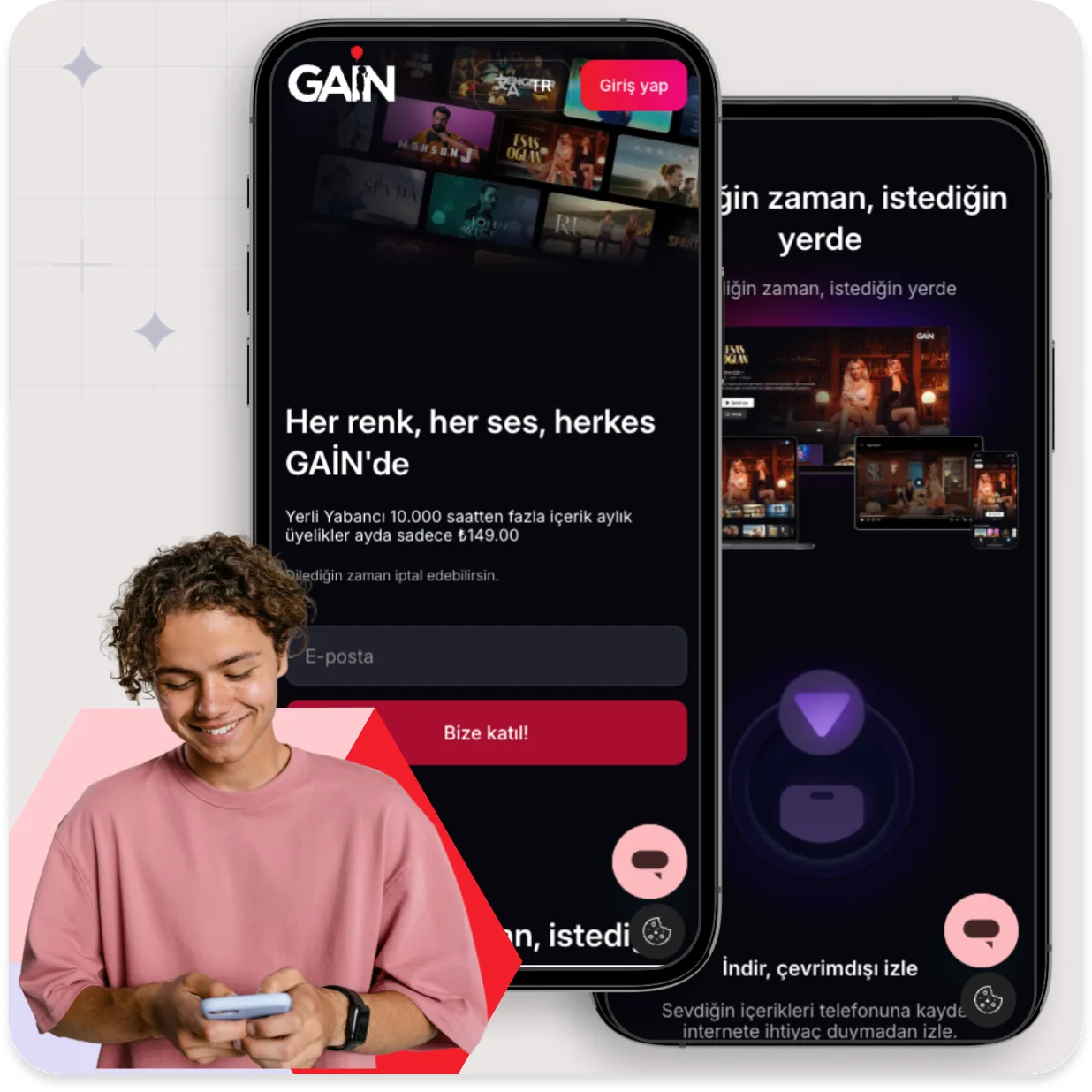The GAIN streaming app on two phones, beside a viewer using his phone