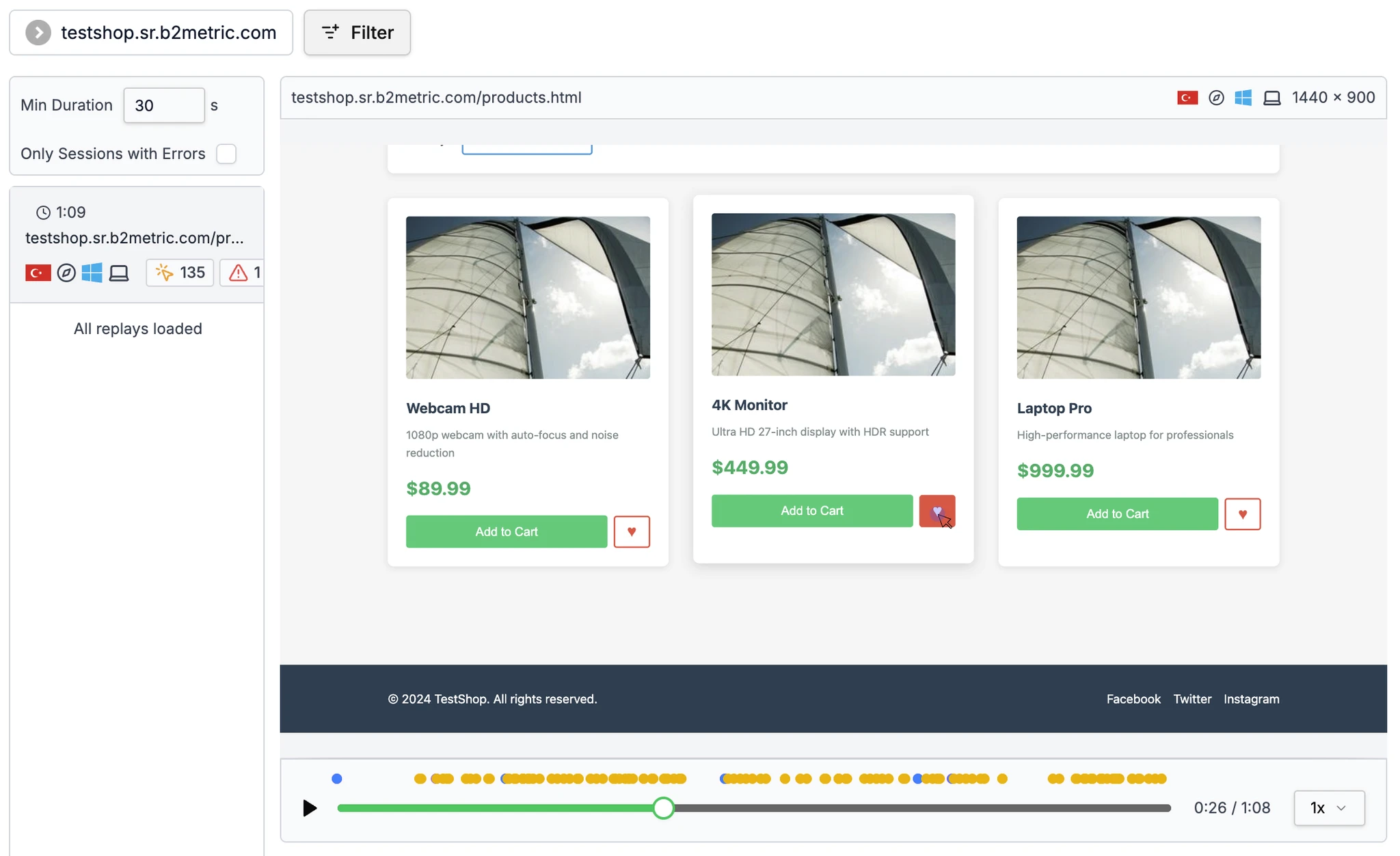 Session replay of a storefront visit with its event timeline and session errors