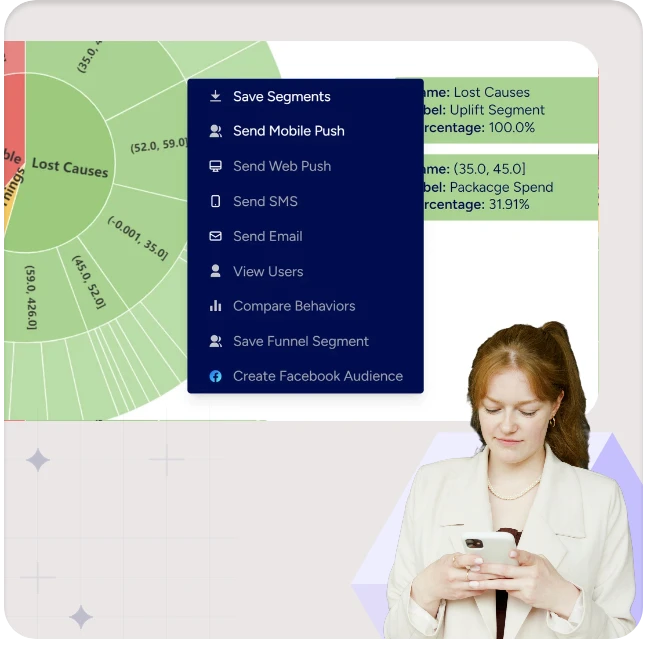 Sunburst segment chart with actions to save the segment or send a push, SMS or email