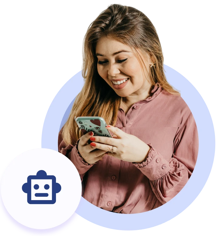 A smiling customer chatting with an AI assistant on her phone