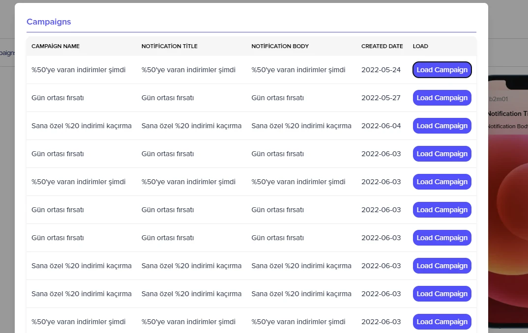 Saved push notification campaigns with load-campaign actions