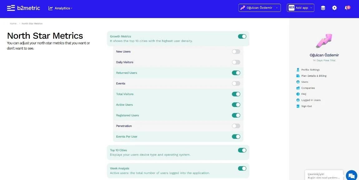 By using the North Star Management section, you can add analyzes that are of great importance to you, and you can disable events that are less important — B2Metric product screenshot