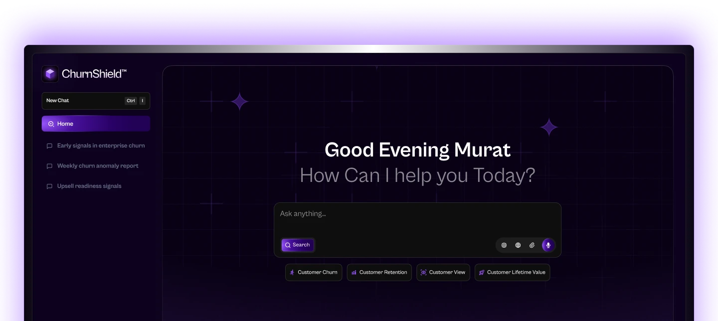 The ChurnShield agent's home screen: a chat prompt with suggested questions about churn, retention and lifetime value.