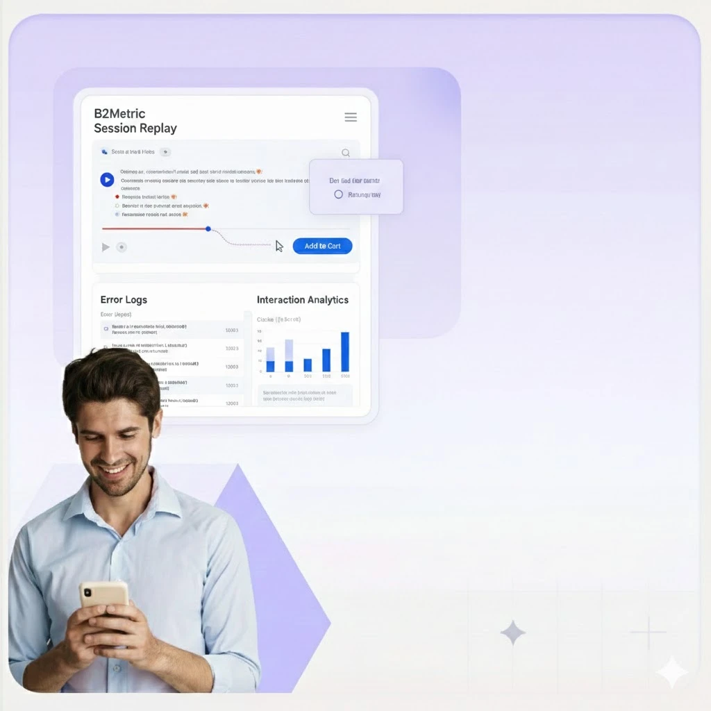 Session insights dashboard next to a person reviewing it on a phone